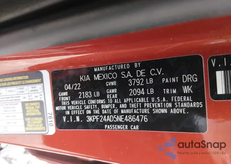 2022 Kia Forte Lxs z USA, uszkodzony, nr VIN 3KPF24AD5NE486476